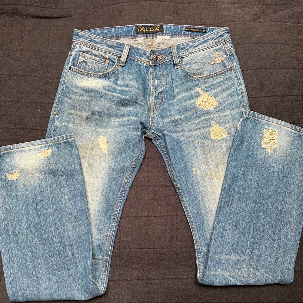 Cult of Individuality Hagen Relaxed Distressed Blue Jeans for Men